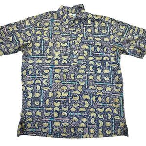 Reyn Spooner Hawaiian Shirt Mens L Blue Vintage Rare Print Shield Popover